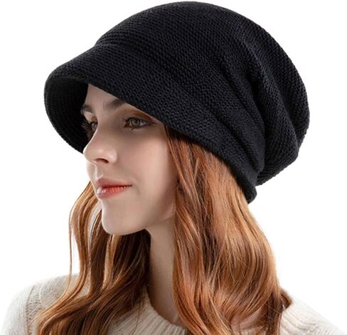 KDVOG Women Fleece Lined Knitted Hat with Visor Brim, Winter Slouchy Cable Knit Beanie Newsboy Cap for Cold Weather in Saudi Arabia
