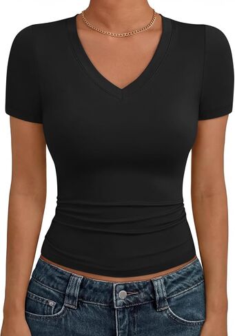 Trendy Queen Womens Basic V Neck Short Sleeve T Shirts Slim Fit Crop Y2k Tee 2025 Summer Cute Gym Fashion Clothes in Saudi Arabia