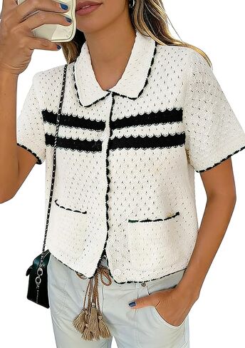 Yousify Womens مخططة مخطط قصير الأكمام سترة غير رسمية زر التريكو أسفل الكروشيه Cardigan عتيقة y2k جوفاء الخروج قمم in Saudi Arabia