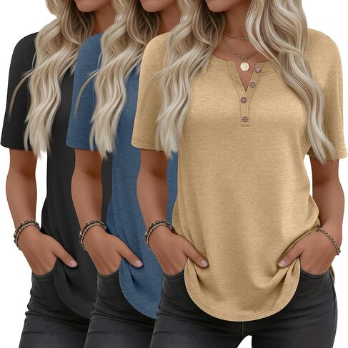 3 عبوات من قمصان Henley النسائية بحاشية منحنية ورقبة دائرية وأكمام قصيرة وزر بلوزة صيفية غير رسمية فضفاضة in Saudi Arabia