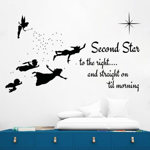 Second Star to The Right and Straight On Til Morning Peter Pan Quote Wall Decor I Tinker Bell Wall Decal for Child Room Decorations I Multiple Size Options (Wide 22" x 13" Height) in Kuwait
