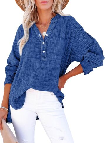 Dokotoo Womens Casual Button V Neck Long Sleeve Shirts Oversized Solid Blouses Tops in Saudi Arabia