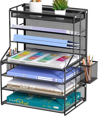7 Tier Desk File Organizer,Metal Document Holder with Adjustable Shelves, Pull-Out Drawer & Removable Pen Holder for Office Organization,Black in Saudi Arabia