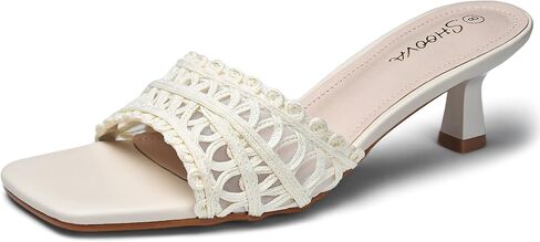 Women's White Square Toe 2 Inch Kitten Heels, Mesh Comfortable Low Heel Dress Shoes, Classic Bridal Sandals for Wedding Party in Kuwait