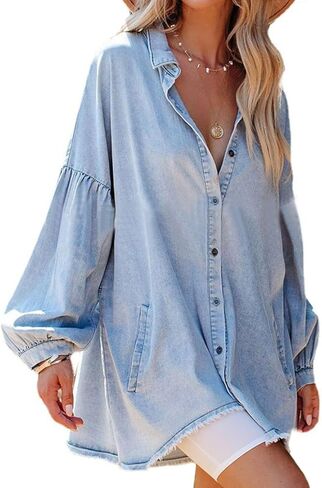loveimgs Women's Oversized Distressed Denim Button Down Tunic Shirt Dress with Pockets in Saudi Arabia