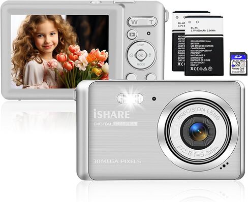 Kids Digital Camera, Rechargeable 30MP 1080P Compact Camera for Teens Students, with 2.8" LCD 18X Zoom, 2 Batteries & 32GB Card (Silver) in Kuwait