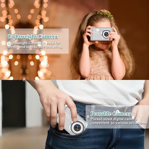 Kids Digital Camera, Rechargeable 30MP 1080P Compact Camera for Teens Students, with 2.8" LCD 18X Zoom, 2 Batteries & 32GB Card (Silver) in Kuwait