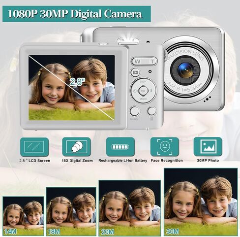 Kids Digital Camera, Rechargeable 30MP 1080P Compact Camera for Teens Students, with 2.8" LCD 18X Zoom, 2 Batteries & 32GB Card (Silver) in Kuwait