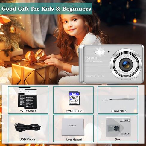 Kids Digital Camera, Rechargeable 30MP 1080P Compact Camera for Teens Students, with 2.8" LCD 18X Zoom, 2 Batteries & 32GB Card (Silver) in Kuwait