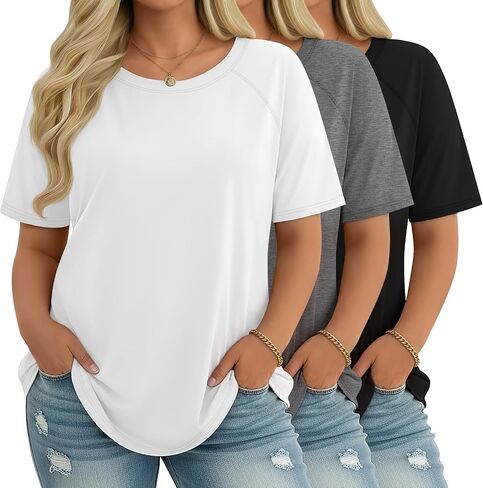 Ficerd 3 Pack Plus Tops for Women Crewneck Raglan Sleeve Tunic Tye Tye Summer Procial Tyrts XL-5XL in Saudi Arabia
