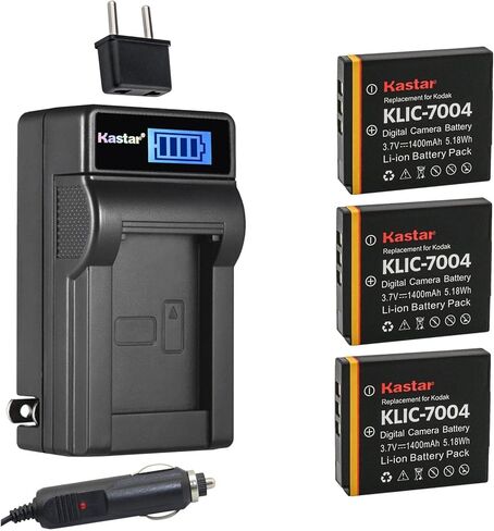 بطارية Kastar KLIC-7004 وشاحن تيار متردد LCD متوافق مع بطارية Kodak KLIC-7004 K7004، شاحن Kodak K7700، Kodak Zx3، EasyShare V1273، PLAYSPORT، PLAYTOUCH، كاميرا رقمية مزدوجة PlayFull in Kuwait