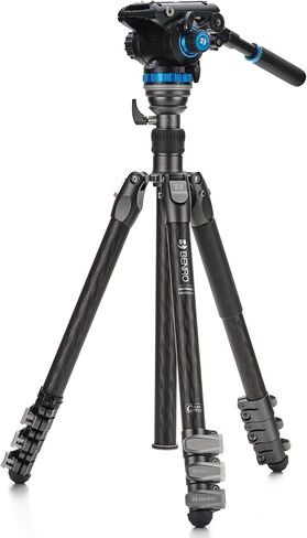 طقم حامل ثلاثي القوائم من ألياف الكربون مكون من 4 أقسام من Benro Rhino CF مع رأس فيديو سائل S6PRO - أرجل ذات قفل قلاب، تحويل Monopod، أقصى ارتفاع 70.8 بوصة، سعة تحميل 13.2 رطل (FRHN34CFS6PRO) in Kuwait