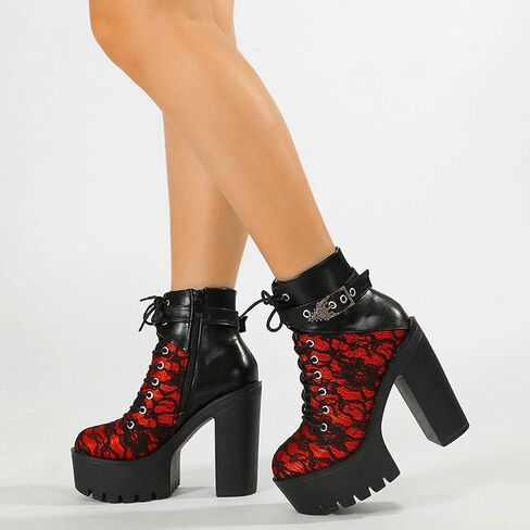 Parisuit Womens Victorian Lace Goth Platform Boots Lace-Up Chunky High Heels Ankle Combat Boots in Saudi Arabia