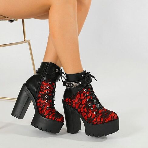 Parisuit Womens Victorian Lace Goth Platform Boots Lace-Up Chunky High Heels Ankle Combat Boots in Saudi Arabia