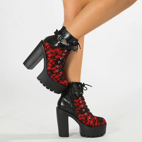 Parisuit Womens Victorian Lace Goth Platform Boots Lace-Up Chunky High Heels Ankle Combat Boots in Saudi Arabia