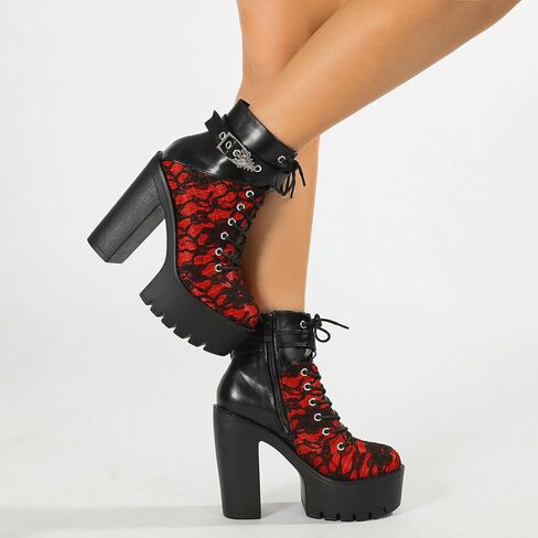 Parisuit Womens Victorian Lace Goth Platform Boots Lace-Up Chunky High Heels Ankle Combat Boots in Saudi Arabia