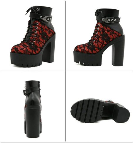 Parisuit Womens Victorian Lace Goth Platform Boots Lace-Up Chunky High Heels Ankle Combat Boots in Saudi Arabia