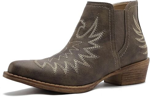 GLOBALWIN Women's Western Ankle Booties Snipped Square Toe Embroidered Cowboy Chelsea Boots, Low Stacked Block Heel, Comfortable Pull-On Short Cowgirl Boots in Kuwait