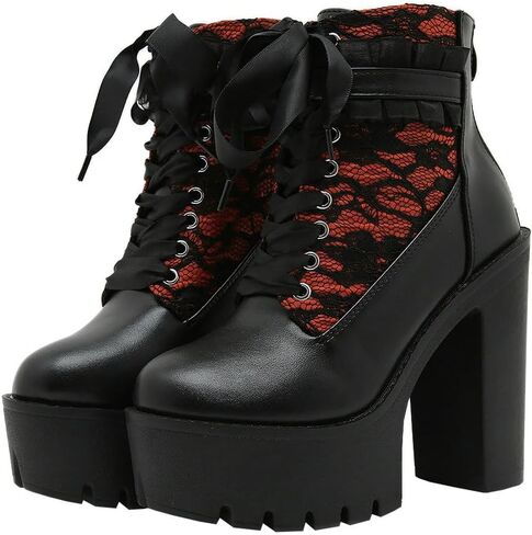 Parisuit Womens Victorian Lace Goth Platform Boots Lace-Up Chunky High Heels Ankle Combat Boots in Saudi Arabia