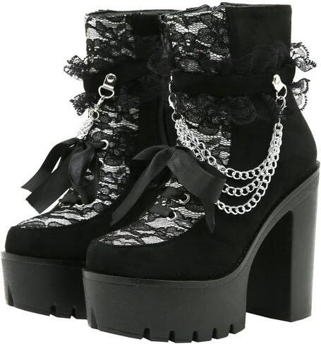 Parisuit Womens Victorian Lace Goth Platform Boots Lace-Up Chunky High Heels Ankle Combat Boots in Saudi Arabia