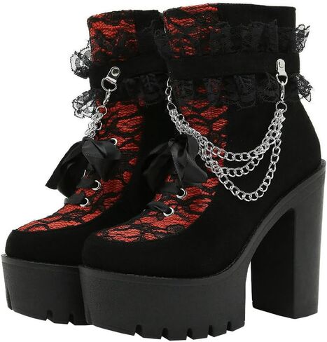 Parisuit Womens Victorian Lace Goth Platform Boots Lace-Up Chunky High Heels Ankle Combat Boots in Saudi Arabia