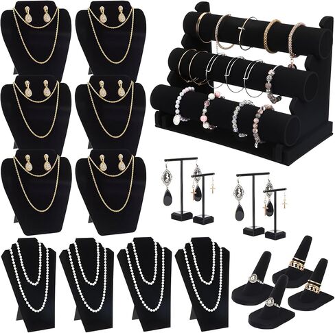 Geelin 19 Pcs Velvet Jewelry Display Set for Flat Necklace Stand 3-tier Bracelet Stand Earrings Holder Ring Finger Holder in Saudi Arabia