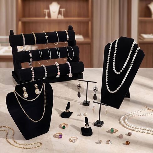 Geelin 19 Pcs Velvet Jewelry Display Set for Flat Necklace Stand 3-tier Bracelet Stand Earrings Holder Ring Finger Holder in Saudi Arabia