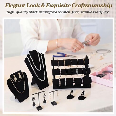 Geelin 19 Pcs Velvet Jewelry Display Set for Flat Necklace Stand 3-tier Bracelet Stand Earrings Holder Ring Finger Holder in Saudi Arabia