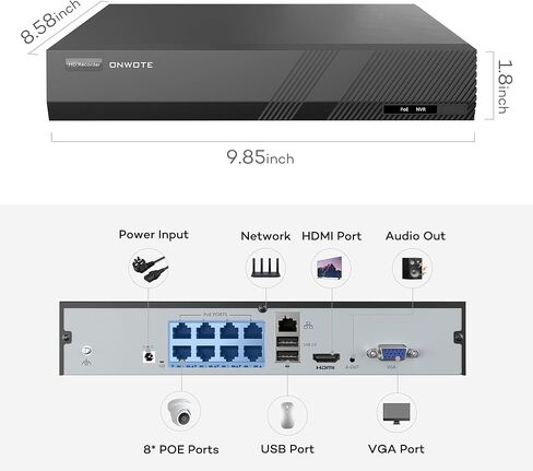 ONWOTE 8 قنوات 6 ميجابكسل NVR (8 منافذ PoE مدمجة)، كشف الحركة، مسجل صوت فيديو 8CH، يعمل فقط مع كاميرات ONWOTE 6MP/ 5MP/4MP PoE IP، تشغيل تزامن 8 قنوات (لا يتضمن محرك أقراص ثابت) in Kuwait