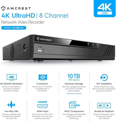 Amcrest 4K 8CH NVR (1080p/3MP/4MP/5MP/8MP) Network Video Recorder - Supports up to 8 x 8MP/4K IP Cameras, 8-Channel, Supports up to 10TB Hard Drive (No Built-in WiFi) (REP-NV4108-A2) (Renewed) in Saudi Arabia