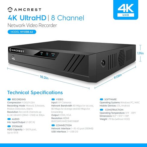 Amcrest 4K 8CH NVR (1080p/3MP/4MP/5MP/8MP) Network Video Recorder - Supports up to 8 x 8MP/4K IP Cameras, 8-Channel, Supports up to 10TB Hard Drive (No Built-in WiFi) (REP-NV4108-A2) (Renewed) in Saudi Arabia