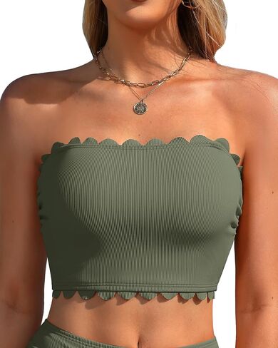 Charmo Women Cute Bandeau Bikini Top Strapless Swimsuit Top Lace Up Bathing Suit Top Ribbed Swim Top Only in Saudi Arabia