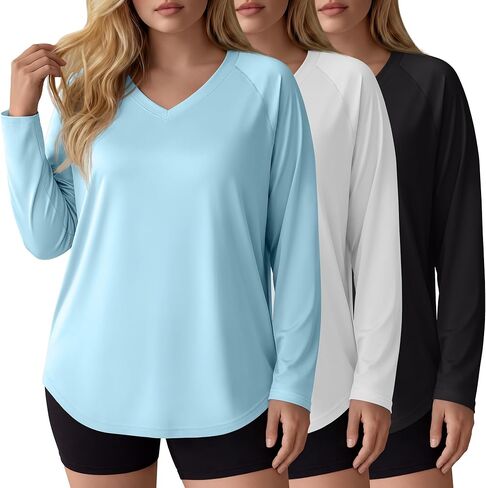 3 Pack Women's Plus Size Long Sleeve Rash Guards, UV Sun Protection Shirts Quick Dry V Neck Swim Tops Fishing Tee in Saudi Arabia