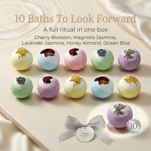 Bath Bombs Gift Set for Women and Men, 10 Oversized Two Tone Bath Fizzies with Shea & Coco Butter Dry Flower Petals, Rich Spa Bath Set in Cute Tub, Multiple Fragrances, Birthday Gifts in Kuwait
