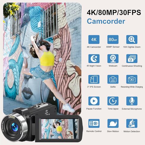 كاميرا فيديو 4K فائقة الدقة 80 ميجا بيكسل 18X مسجل فيديو رقمي 3.0 بوصة شاشة IPS رؤية ليلية بالأشعة تحت الحمراء كاميرا تسجيل فيديو لليوتيوب مع جهاز تحكم عن بعد، بطاقة SD سعة 32 جيجابايت، بطاريتان in Kuwait