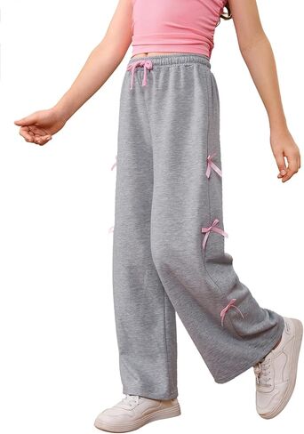 OYOANGLE Girl's Elastic Drawstring Waist Bow Sweatpants Y2K Wide Leg Long Trousers in Saudi Arabia