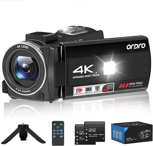 كاميرا فيديو ORDRO 4K بدقة 64 ميجابكسل لليوتيوب، كاميرا فيديو مع تكبير رقمي 18X، رؤية ليلية بالأشعة تحت الحمراء، شاشة لمس 3.0 بوصة، حامل ثلاثي القوائم صغير in Kuwait