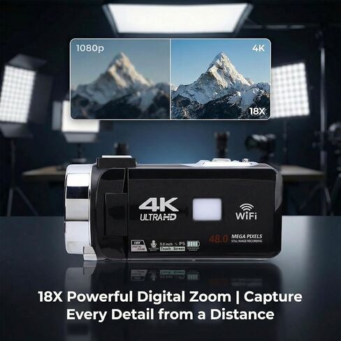 كاميرا فيديو 4K، كاميرا فيديو UHD 48MP Vlogging، 3.0 بوصة 270 شاشة قابلة للطي 18X كاميرا تكبير رقمية، أوضاع تسجيل متعددة لمدونات الفيديو in Kuwait