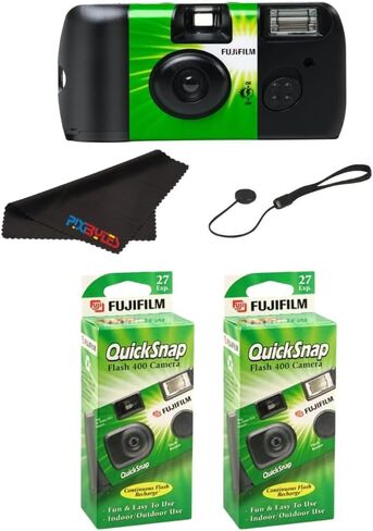 كاميرا Fujifilm QuickSnap Flash 400 للاستخدام مرة واحدة مع حافظة غطاء وقطعة قماش للتنظيف من الألياف الدقيقة من Pixibytes... (2 كاميرا (Quicksnap)) in Kuwait