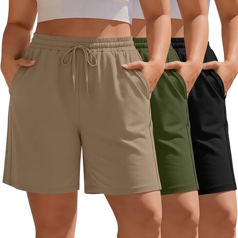 3 Pack Women's Plus Size Bermuda Shorts, Drawstring Elastic Waist Bermuda Active Summer Casual Shorts with Pockets in Saudi Arabia