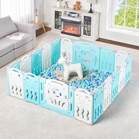 Albott Baby Playpen, Upgraded 14 Panels Foldable Baby Fence with Game Panel and Safety Gate, Adjustable Shape, Portable Play Yards for Children Toddlers Indoors or Outdoors (White+Grey,14 Panel) in Saudi Arabia