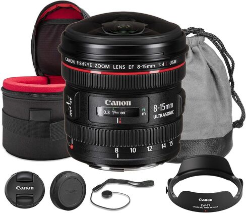 مجموعة عدسات Canon EF 8-15mm f/4L Fisheye USM | تكبير/تصغير فائق الاتساع من السلسلة L مع تأثيرات عين السمكة الدائرية وكاملة الإطار والتركيز البؤري التلقائي USM من النوع الحلقي السريع | لصور الحركة والمناظر الطبيعية (4427B002) + حافظة العدسة + المزيد in Kuwait
