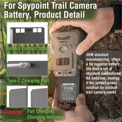 بطارية LIT-22 قابلة لإعادة الشحن لكاميرات SPYPOINT Trail - بطارية ليثيوم 7000 مللي أمبير في الساعة متوافقة مع كاميرا الصيد الخلوية Flex-M G-36 Plus S - كابل USB-C متضمن in Kuwait