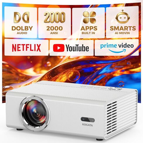 جهاز عرض ذكي مع واي فاي وبلوتوث، يدعم Proyector-4K التطبيقات المرخصة رسميًا، 2000 ANSI/AI التركيز التلقائي/DoIby/HDR10+/هادئ، سقف جهاز عرض الأفلام المحمول Kogata داخلي/خارجي in Kuwait