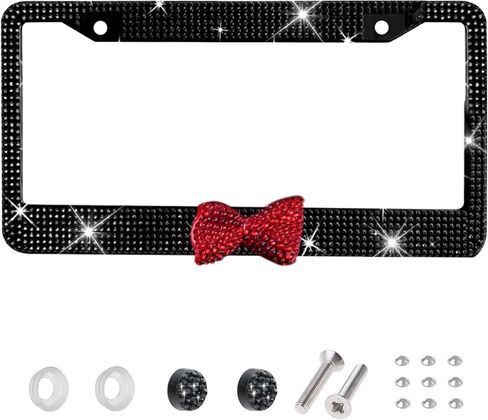 Bling License Plate Frame Rhinestone Stainless Steel Decorative Bow Street Legal Anti Theft Screws Easy Install Car Accessories for Women (Pink Frame + Pink Bow) in Saudi Arabia
