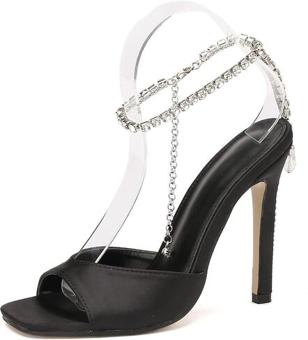 المرأة الصنادل بكعب ستيليتو سلسلة الراين الكاحل الأشرطة مشبك Slingback عالية الكعب المفتوحة تو حفل زفاف فستان ستان الأحذية in Kuwait