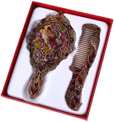 Vintage Peacock Hand Mirror and Comb Set - Retro Metal Dresser Mirror with Decorative Comb, 13x7cm Portable Makeup Mirror for Vanity Table (Antique Tin Color) (Ancient Bronze Color) in Saudi Arabia