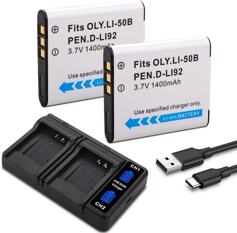 D-LI92 Li-50B بطارية 1400 مللي أمبير في الساعة مع شاحن USB مزدوج LED سريع متوافق مع Olympus Stylus 1010 1020 1030SW VR-340 Tough 6000 6020 8000 8010 MJU TG 610 620 630 810 850 TG-830 iHS XZ-1 XZ-10 in Kuwait