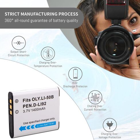 D-LI92 Li-50B بطارية 1400 مللي أمبير في الساعة مع شاحن USB مزدوج LED سريع متوافق مع Olympus Stylus 1010 1020 1030SW VR-340 Tough 6000 6020 8000 8010 MJU TG 610 620 630 810 850 TG-830 iHS XZ-1 XZ-10 in Kuwait