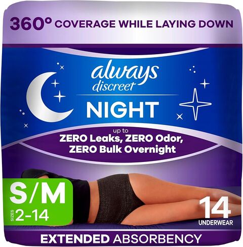 Always Discreet Overnight Adult Incontinence & Postpartum Bladder Leak Underwear for Women, Disposable, Small/Medium, 14 Count in Saudi Arabia